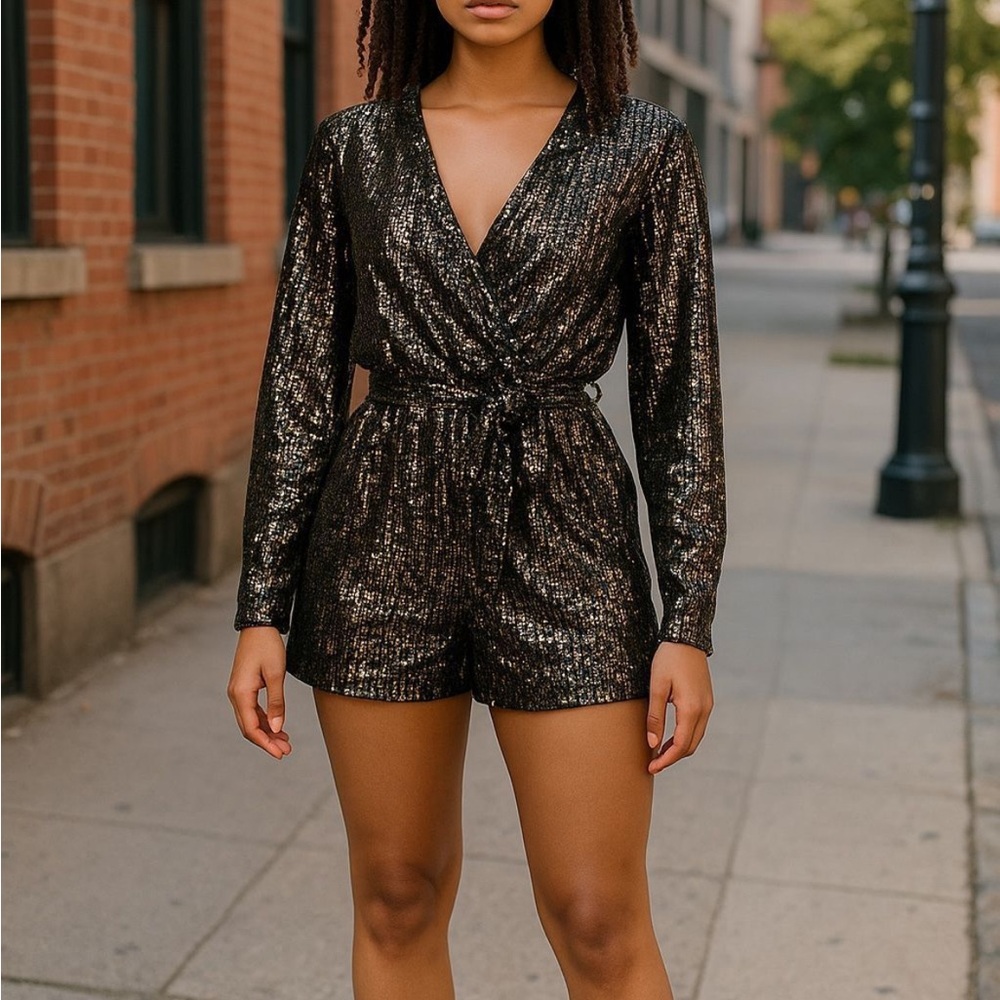SWANK Black Sequin Wrap Romper